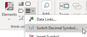 think-cell 工具栏内“工具”菜单中的“切换小数点.